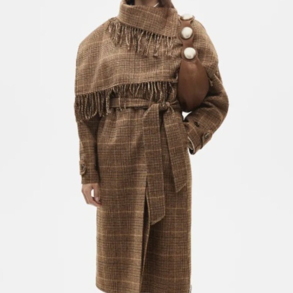 MANGO Women's Wool-Blend Micro-Houndstooth Coat w/ Scarf NWT